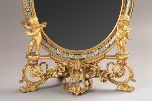 独角鹿西洋古董1880年代法国拿破仑三世时期出品铜鎏金精雕小天使造型嵌錾胎珐琅座镜 商品图5