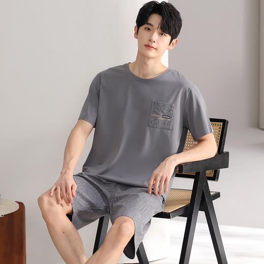 男士夏季纯棉薄款睡衣 休闲简约家居服套装 商品图6