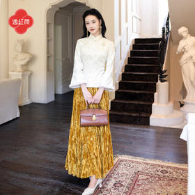 逸红颜《芙椿》2026春新品水貂毛织金针织植绒山茶花旗袍上衣女