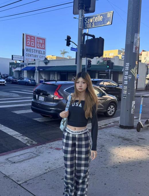 F032360水洗磨毛挺阔有型格纹字母织带休闲长裤睡裤 商品图6