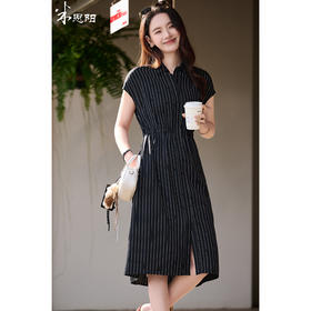 米思阳2026春夏优雅通勤轻职风OL黑白条纹半袖衬衫裙连衣裙女2155/4091