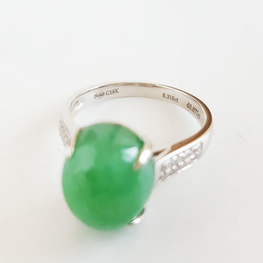 【天然正品】A货翡翠通灵珠宝AU750白金镶钻镶天然细腻8.318克拉满绿糯种蛋面翡翠戒指14号（戒圈可改）280226HSD44 商品图2