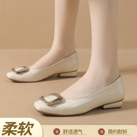 雀说 头层牛皮简约复古温柔风金属方扣方头平底单鞋8993