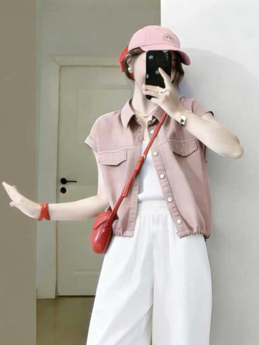 【百图lulu定制】【口袋牛仔马甲】对称口袋 翻领 弹力下摆 飞飞袖 牛仔马甲 商品图8