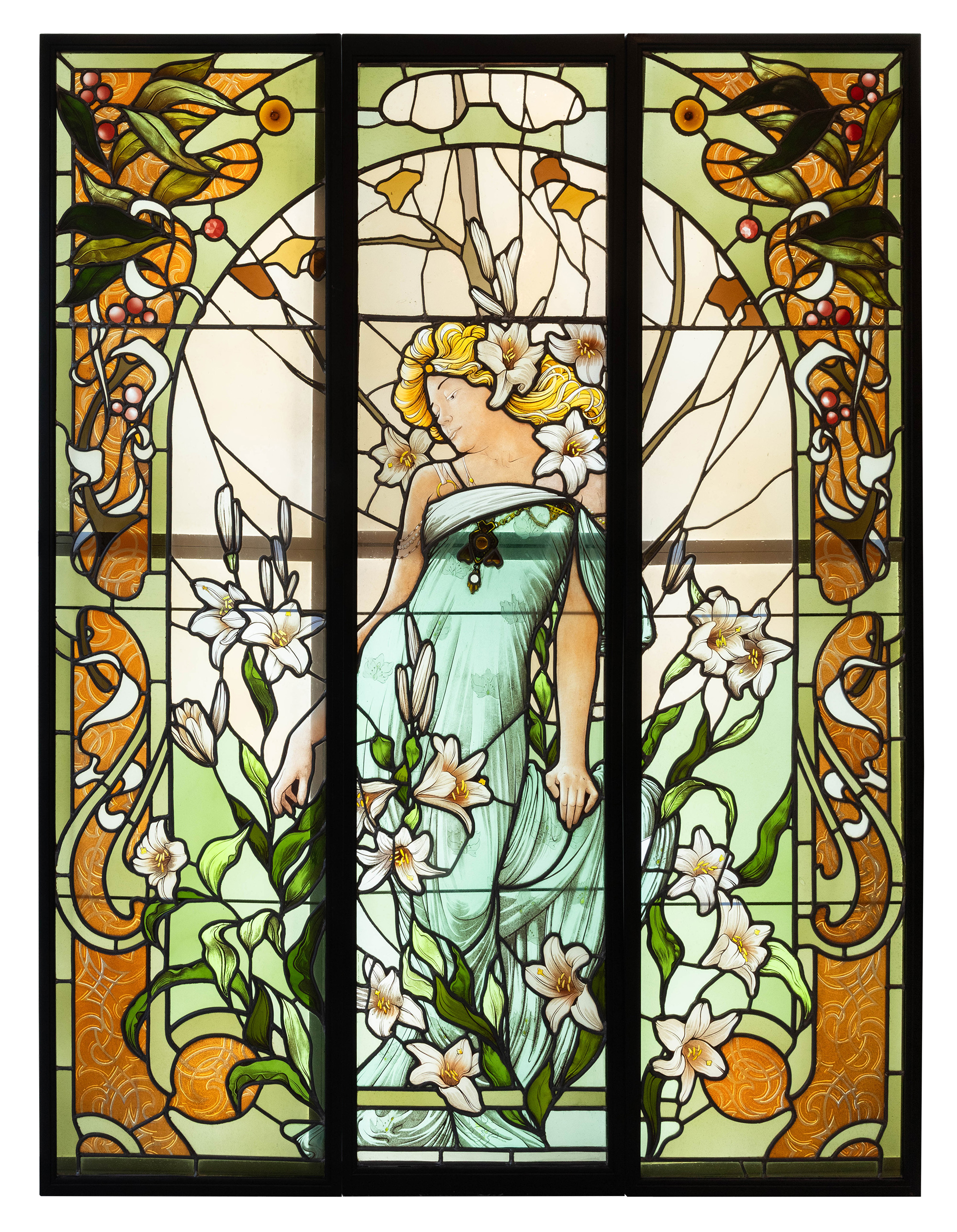 独角鹿西洋古董1920年代法国出品新艺术运动风格《百合少女》主题巨幅三联式彩绘玻璃花窗