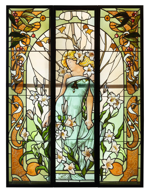 独角鹿西洋古董1920年代法国出品新艺术运动风格《百合少女》主题巨幅三联式彩绘玻璃花窗 商品图0