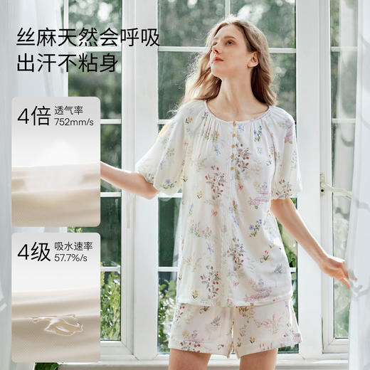 【苗苗同款】嫚熙夏季弹力丝麻棉女士睡衣段袖家居服套装2026新款 商品图3