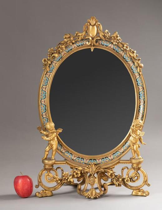 独角鹿西洋古董1880年代法国拿破仑三世时期出品铜鎏金精雕小天使造型嵌錾胎珐琅座镜 商品图1