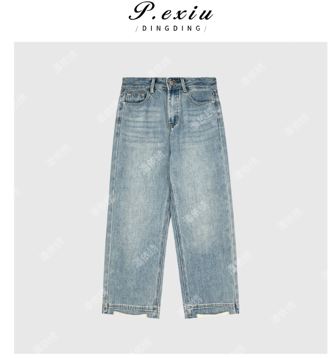 03-4潘依绣丁丁宠粉设计感薄款毛边直筒九分牛仔裤 Q65675