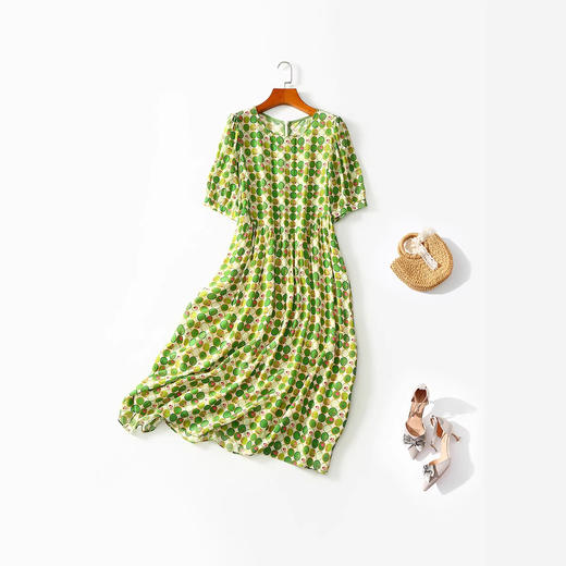 丁摩 圆领绿色印花真丝连衣裙宽松显瘦桑蚕丝裙74142 商品图4