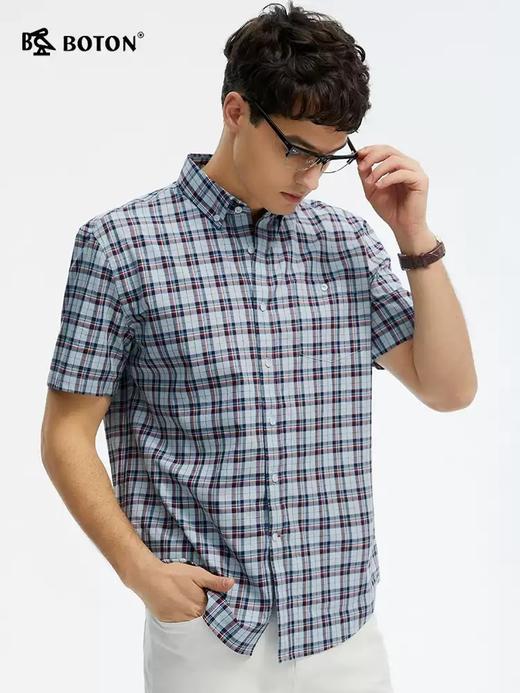 波顿夏季男士天蓝白格子短袖衬衫｜清爽百搭，一件点亮夏日衣橱MS112225 商品图1