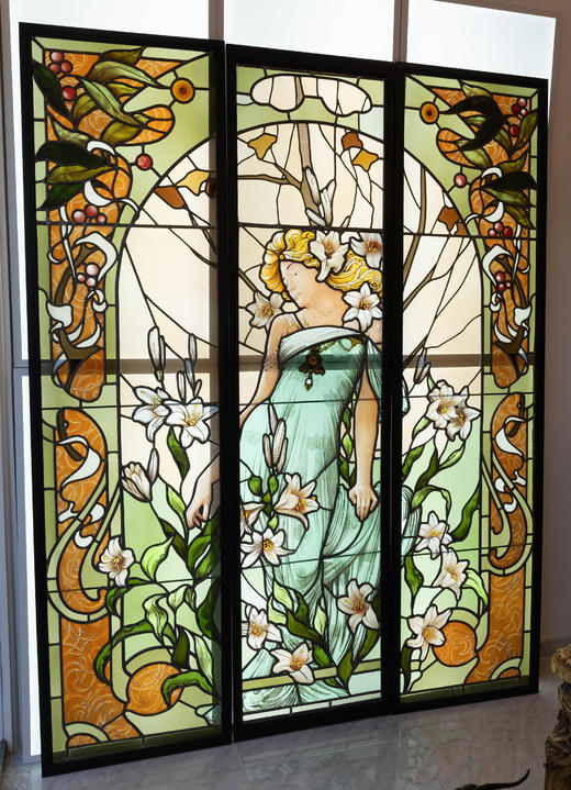 独角鹿西洋古董1920年代法国出品新艺术运动风格《百合少女》主题巨幅三联式彩绘玻璃花窗 商品图1