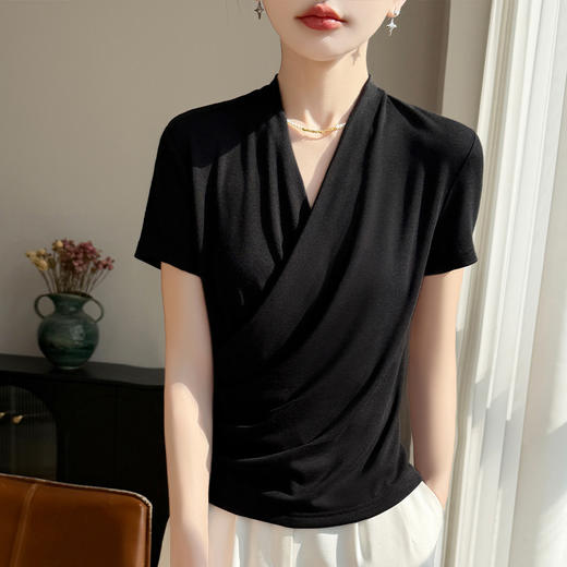 百媚生 精纺莱赛尔法式V领纯色交叉气质时尚短袖T恤YT-A311 商品图3