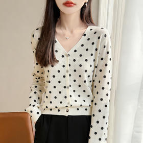 百媚生 无缝一线波点长袖针织开衫V领上衣NJR2-2192-48