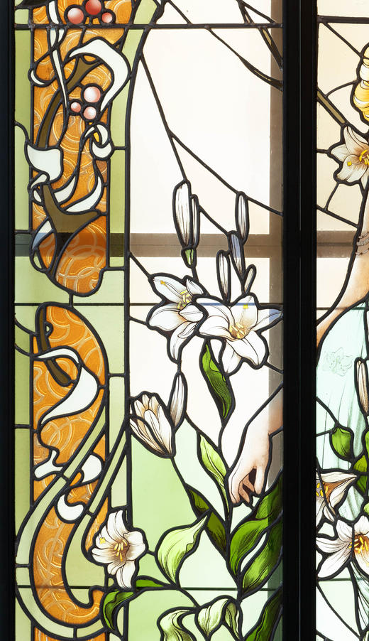 独角鹿西洋古董1920年代法国出品新艺术运动风格《百合少女》主题巨幅三联式彩绘玻璃花窗 商品图12
