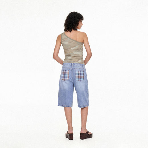 NUTH格纹拼接复古蓝色水洗牛仔中裤五分裤女（预售/发货时间同步天猫） 商品图4