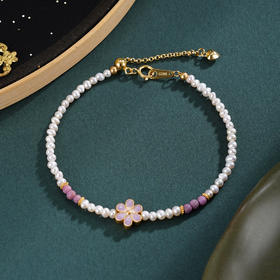 子佩集【紫梦花海】银S925珍珠惜王妃手链【SGB0770001】2.8mm珠镀金紫五瓣花朵2601