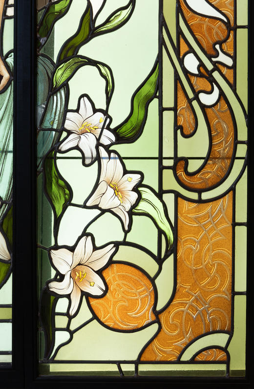 独角鹿西洋古董1920年代法国出品新艺术运动风格《百合少女》主题巨幅三联式彩绘玻璃花窗 商品图13