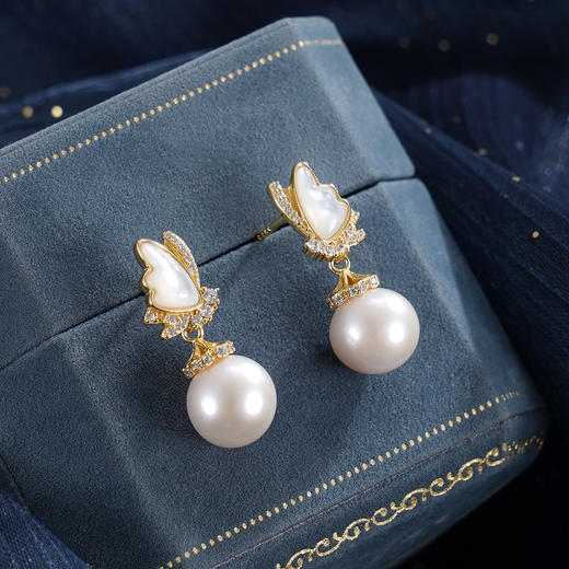 子佩集【蝶梦星河】银S925珍珠惜王妃耳钉【MLEH017】9.5mm珠镀金白贝母蝴蝶2601 商品图0