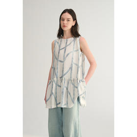 MC桑蚕丝du家印花条纹设计感无袖拼接娃娃衫上衣MAISON CECILE