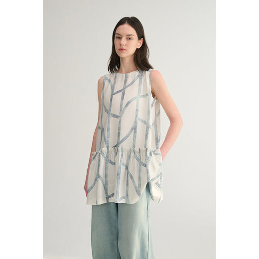 MC桑蚕丝du家印花条纹设计感无袖拼接娃娃衫上衣MAISON CECILE 商品图0