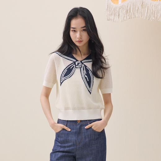 谜底套头针织衫短袖2026夏季新品海军领提花舒适毛衣女262MZ0789 商品图0