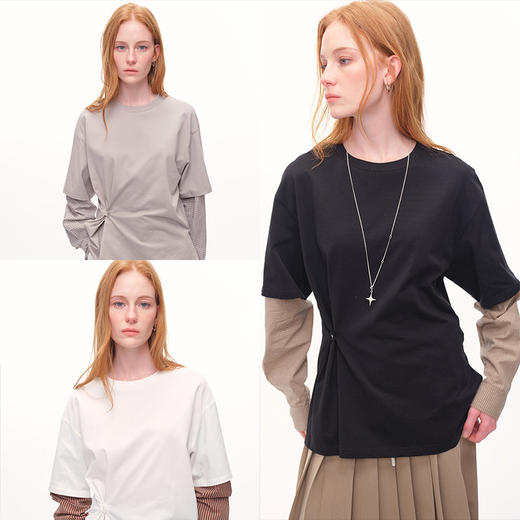 UMILAB｜幻觉*层次叠穿 100%棉撞色拼接衬衫袖假两件T恤T796V 商品图0