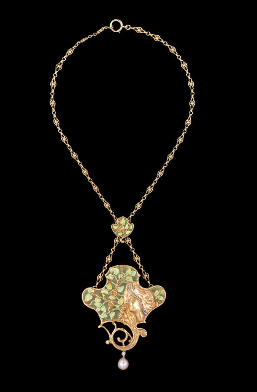 独角鹿西洋古董1900年代法国出品新艺术风格少女与玫瑰主题18K黄金镶嵌钻石珍珠空窗珐琅吊坠项链 商品图1