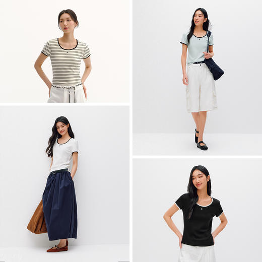 凉感T|商场同款森马短袖T恤女夏撞色U领正肩修身刺绣2026新款上衣 商品图4