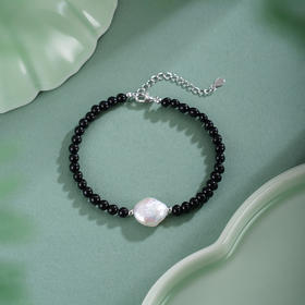 子佩集【黑白秘境】银S925珍珠惜王妃手链【SPB0260002】4mm黑珠10*12mm巴洛克扁珠黑白2601