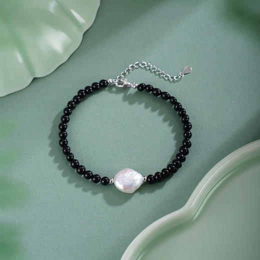 子佩集【黑白秘境】银S925珍珠惜王妃手链【SPB0260002】4mm黑珠10*12mm巴洛克扁珠黑白2601 商品图0