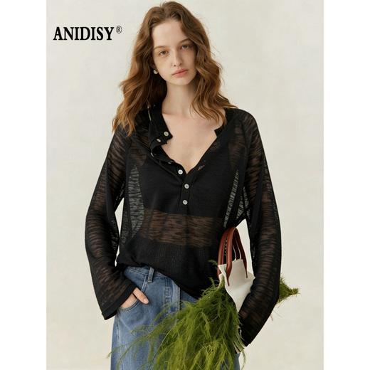 时尚开领长袖单排扣竹节麻针织上衣 商品图1