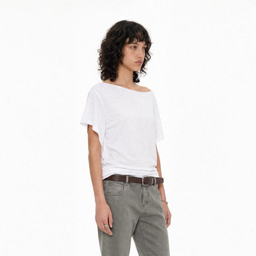 NUTH肌理感亚麻混纺不对称斜肩宽松短袖t恤女 白色（预售/发货时间同步天猫） 商品图3