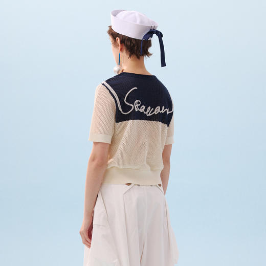 谜底套头针织衫短袖2026夏季新品海军领提花舒适毛衣女262MZ0789 商品图2