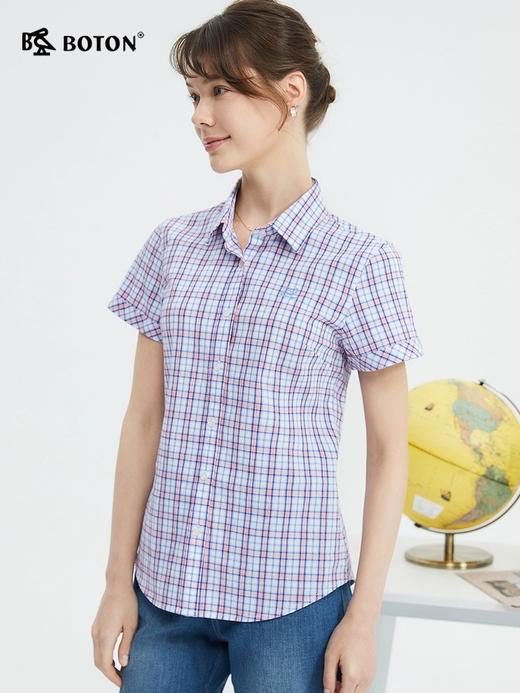 波顿夏季女士活力蓝橙格翻领短袖衬衫 轻薄透气日常百搭气质上衣LS010225 商品图2