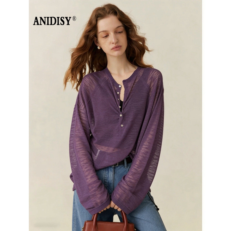 时尚开领长袖单排扣竹节麻针织上衣