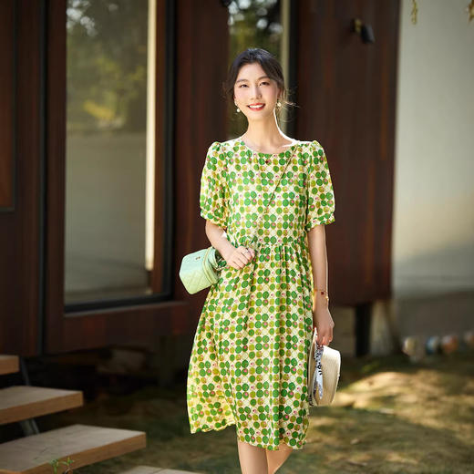 丁摩 圆领绿色印花真丝连衣裙宽松显瘦桑蚕丝裙74142 商品图0