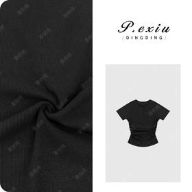 03-4潘依绣丁丁宠粉简约半开领褶皱收腰气质短袖T恤 W-62788