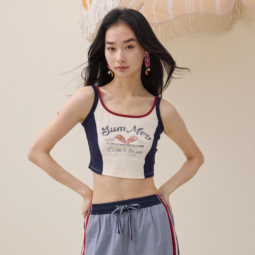 谜底印花短款T恤吊带2026夏新品休闲复古撞色拼接背心女262MT0468 商品图0