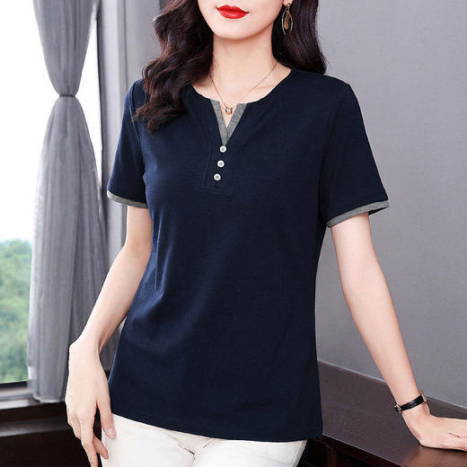 正肩v领短袖t恤女装2026新款夏高端洋气减龄半袖纯棉上衣休闲体恤 商品图2
