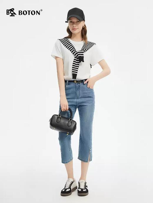 [冰爽抑菌]波顿夏季女士夏日清爽水洗蓝八分牛仔裤 裤脚开叉纽扣装饰直筒裤LF668225 商品图1