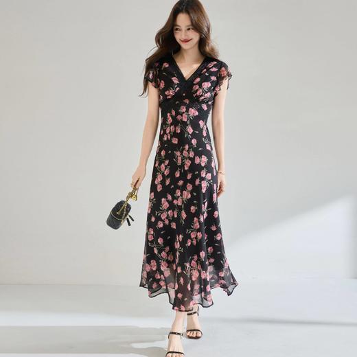 「高货sh」全新升级【铂金会员275/天猫369/差价94】(12409)洛诗琳玫瑰印花雪纺连衣裙2026法式蕾丝花边V领收腰显瘦裙 商品图1