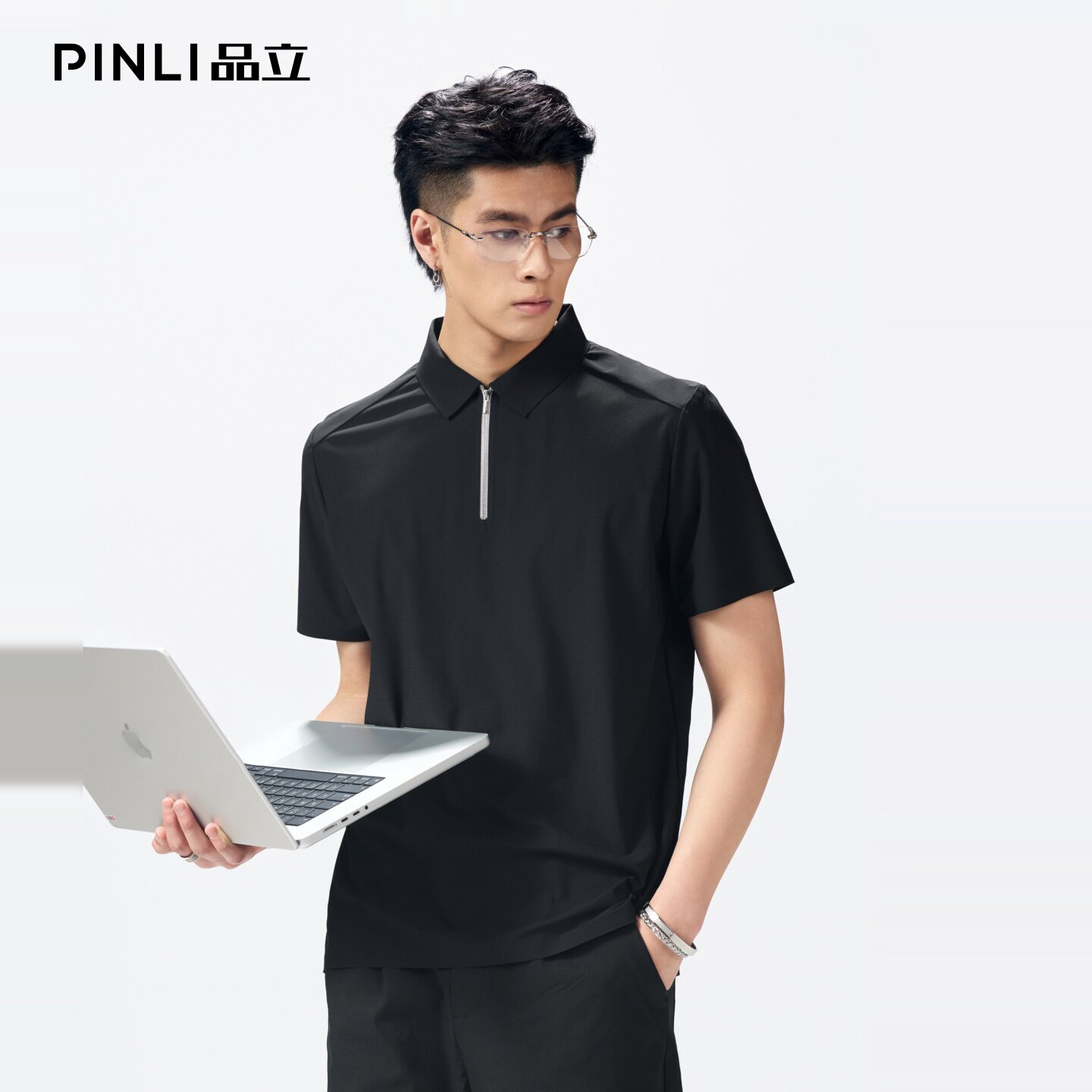 PINLI品立2026夏季新款拉链领纯色百搭短袖10A抗菌凉感polo衫上衣GD262112050