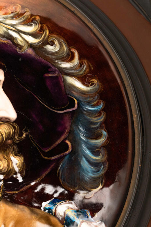 独角鹿西洋古董19世纪法国珐琅宗师保罗·索耶签名创作出品巨幅铜胎画珐琅肖像挂屏对 商品图7