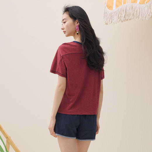 谜底美式复古T恤短袖2026夏新品撞色海洋元素印花珠绣女262MT0471 商品图2