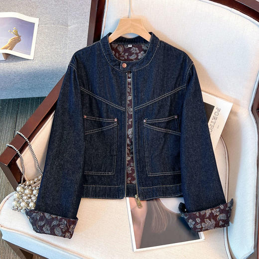 丁摩 巨好看的丹宁深蓝色圆领牛仔外套女短款早春秋季棒球领夹克6ZF-Q8083 商品图3