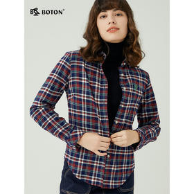 波顿春秋女士长袖红蓝色格子衬衫美式休闲高端衬衣LS996323