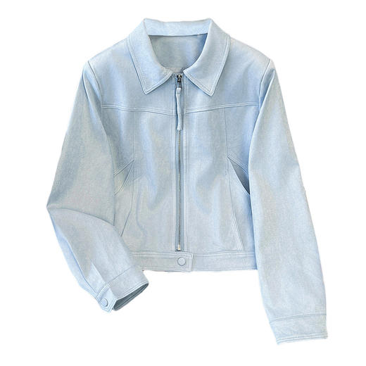 丁摩 高级感杏色翻领正肩麂皮绒厚外套春秋季新款高腰短款夹克6ZF-2162 商品图4