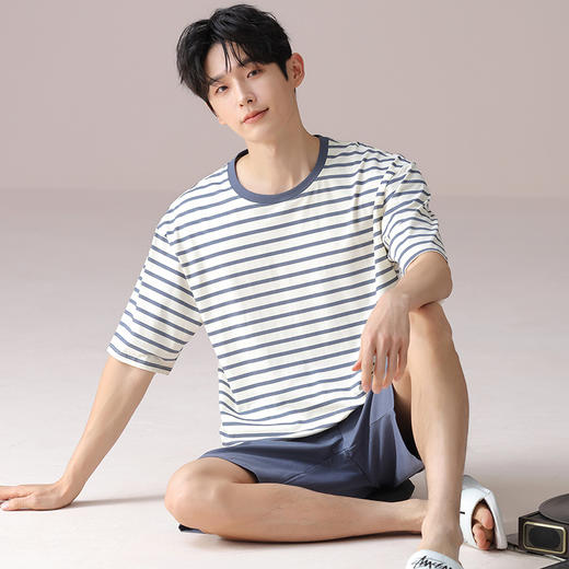 男士夏季纯棉薄款睡衣 休闲简约家居服套装 商品图3