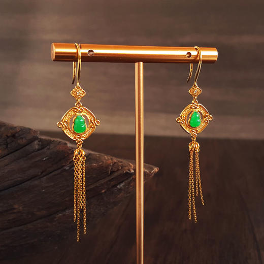 【天然正品】A货翡翠AU750黄金镶钻镶天然细腻冰种满绿葫芦（福禄平安）翡翠流苏耳坠040326NJT05 商品图3